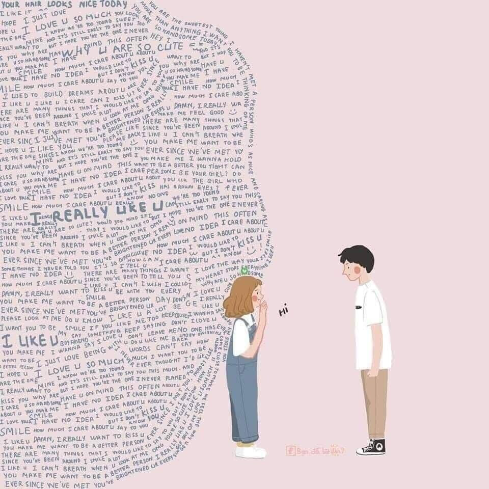 A shy girl's unspoken affections for a boy are visualized as a speech bubble filled with loving and admiring thoughts swirling around her. (Captioned by AI)