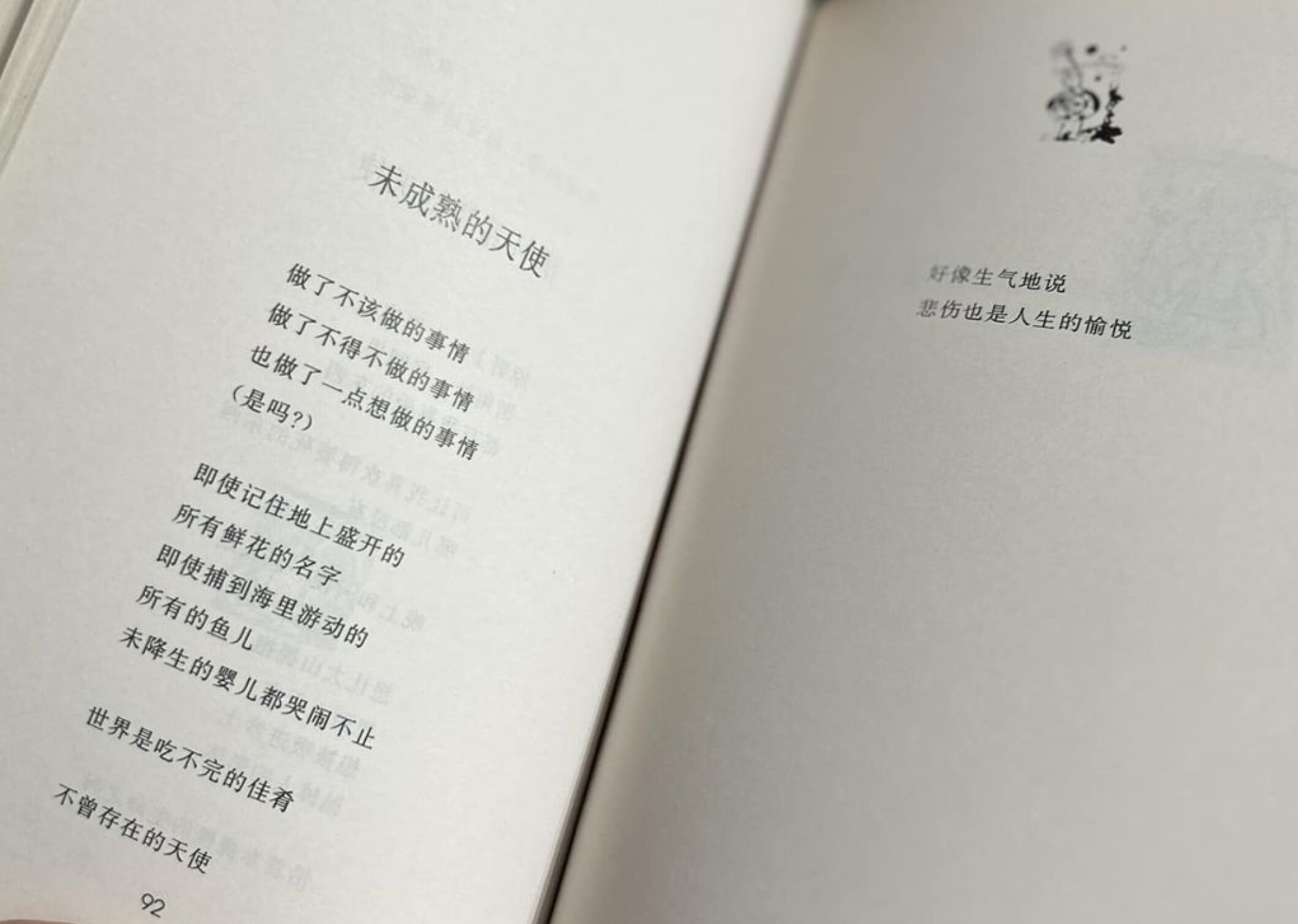 An open book displays a poem titled "Immature Angel" in Chinese, alongside a shorter text on the opposite page. (Captioned by AI)