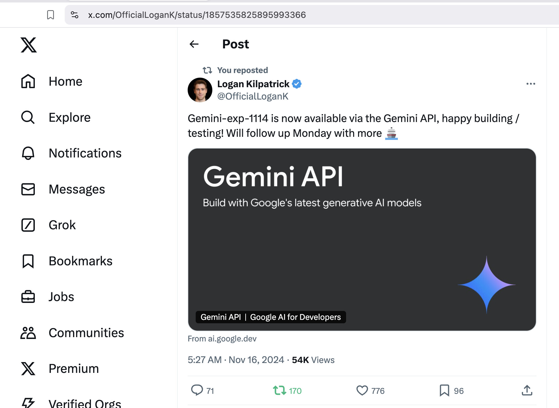 This is a screenshot of a tweet by Logan Kilpatrick announcing the availability of Gemini-exp-1114 via the Gemini API. (Captioned by AI)