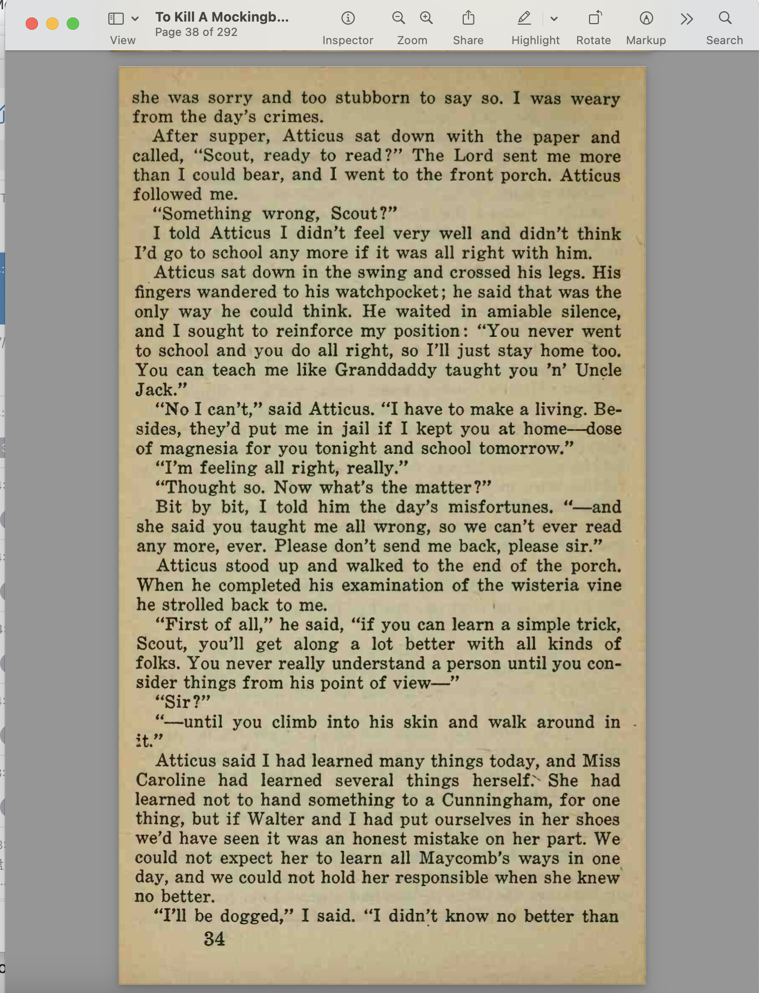 The image shows a page from the book "To Kill a Mockingbird", displaying a portion of chapter 3 with text focused on a conversation between Scout and Atticus. (Captioned by AI)