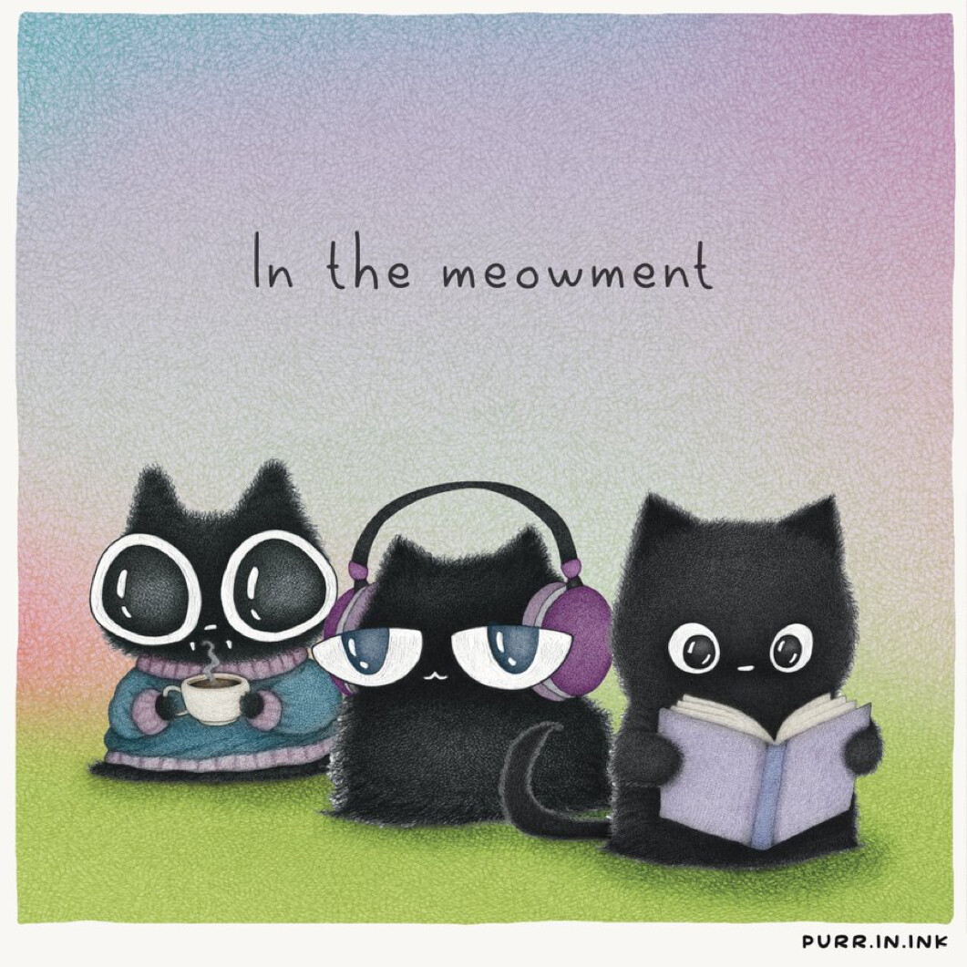 Three fluffy black cats enjoy "the meowment" by drinking coffee, listening to music, and reading. (Captioned by AI)