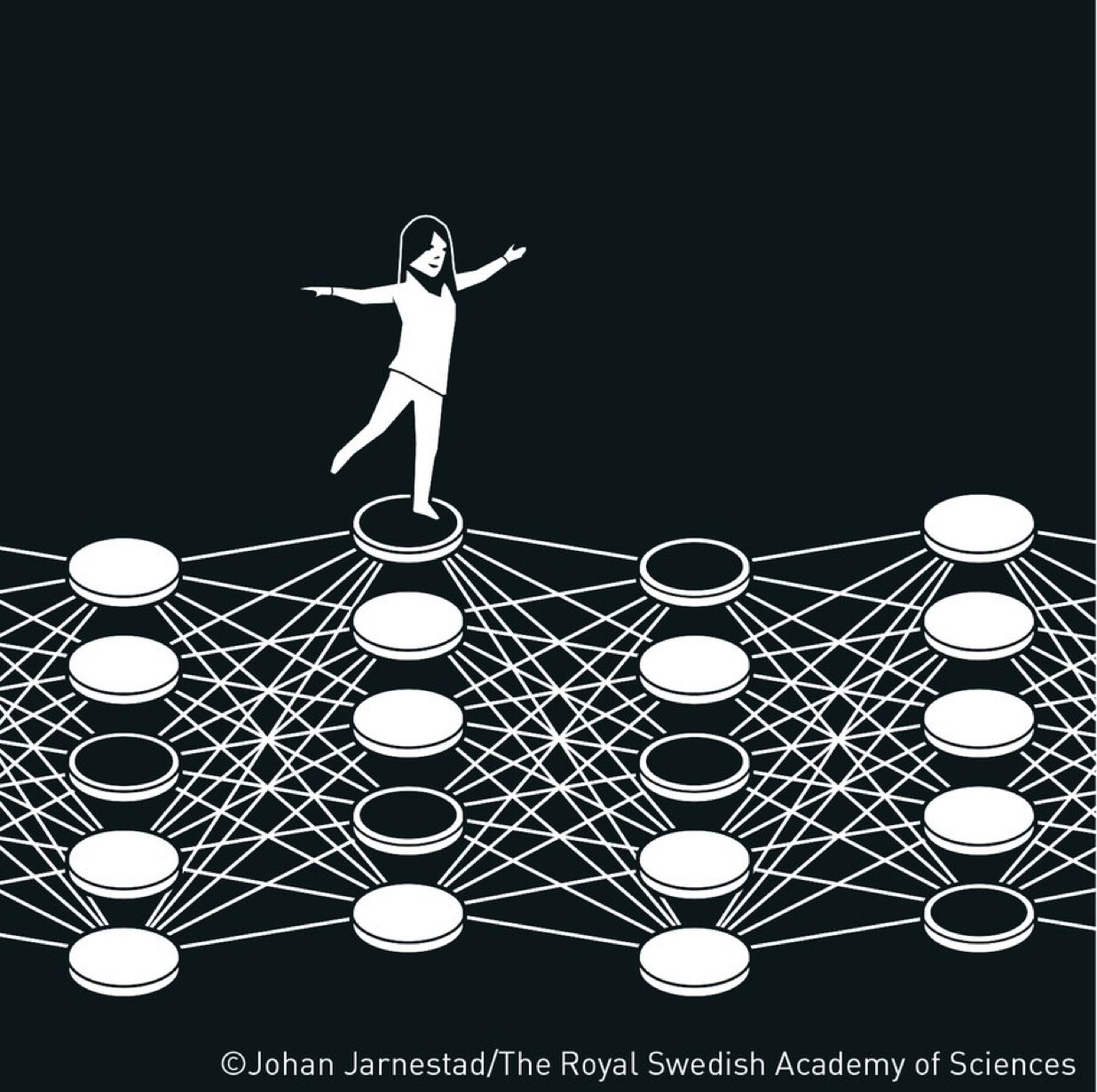 A stylized black-and-white illustration depicts a figure standing atop a node in a large interconnected network, symbolizing a person navigating a complex system or dataset. (Captioned by AI)