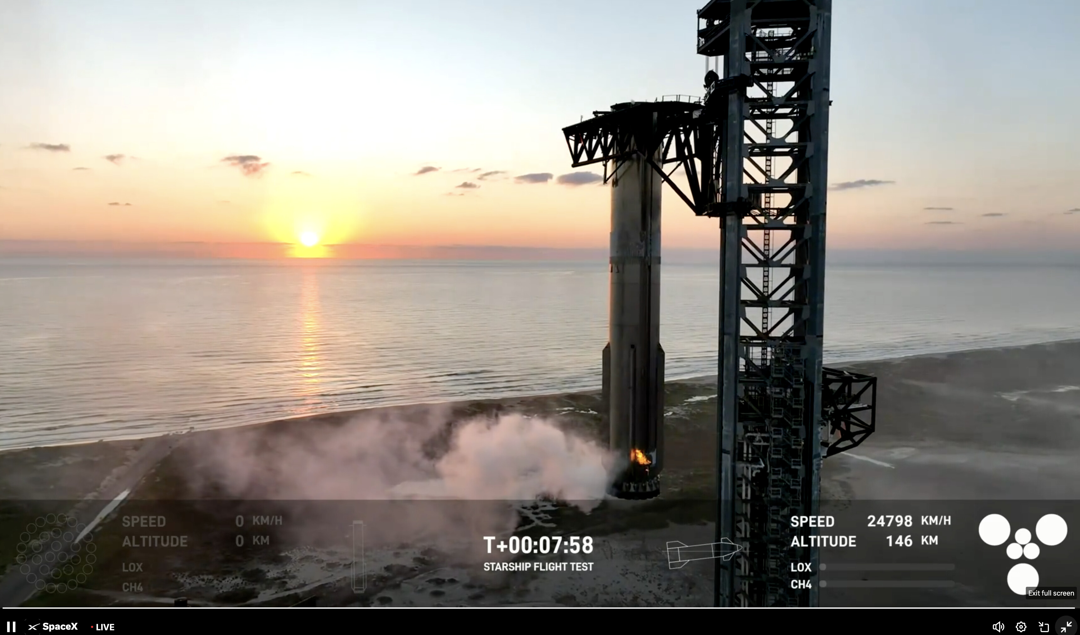 A screenshot shows the Starship rocket on the launchpad, venting plumes of smoke, beside a launch tower on the coast at sunset, with telemetry data overlayed. (Captioned by AI)