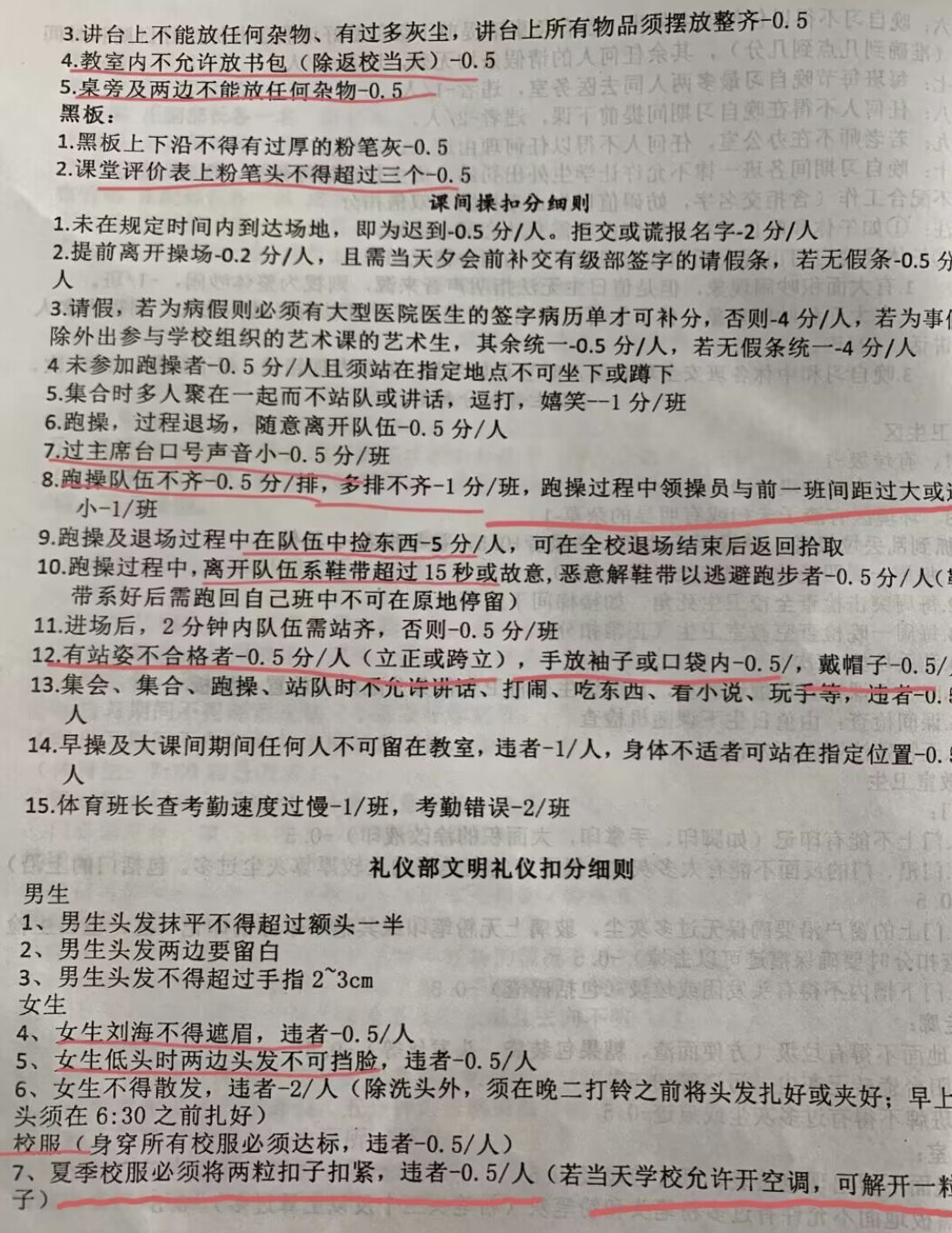 The image shows a document written in Chinese, outlining rules and regulations, likely for a school or competition, with specific deductions assigned for various infractions. (Captioned by AI)