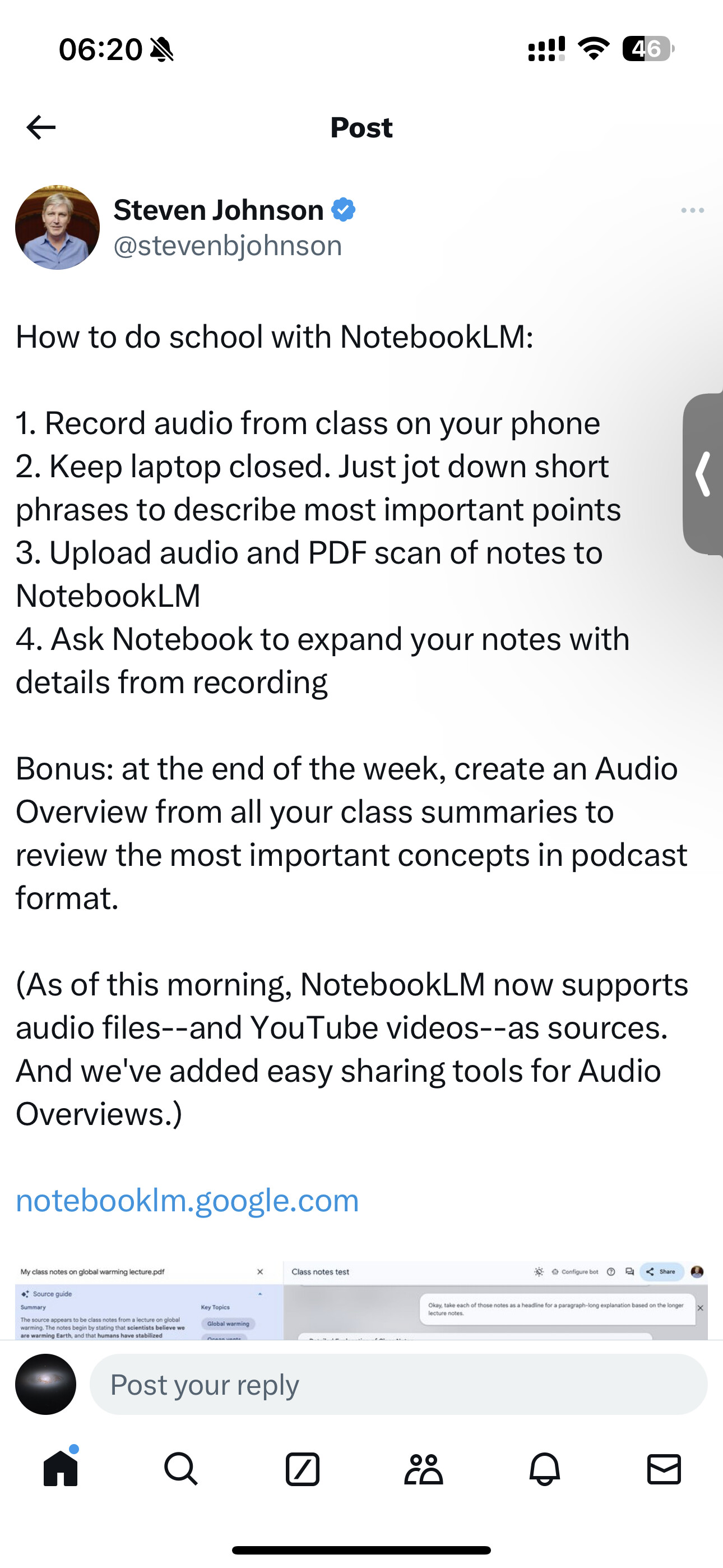 A screenshot shows a social media post by Steven Johnson explaining how to use NotebookLM, a tool that helps students take notes by recording audio from lectures, summarizing it, and allowing them to expand their notes with details from the recording. (Captioned by AI)