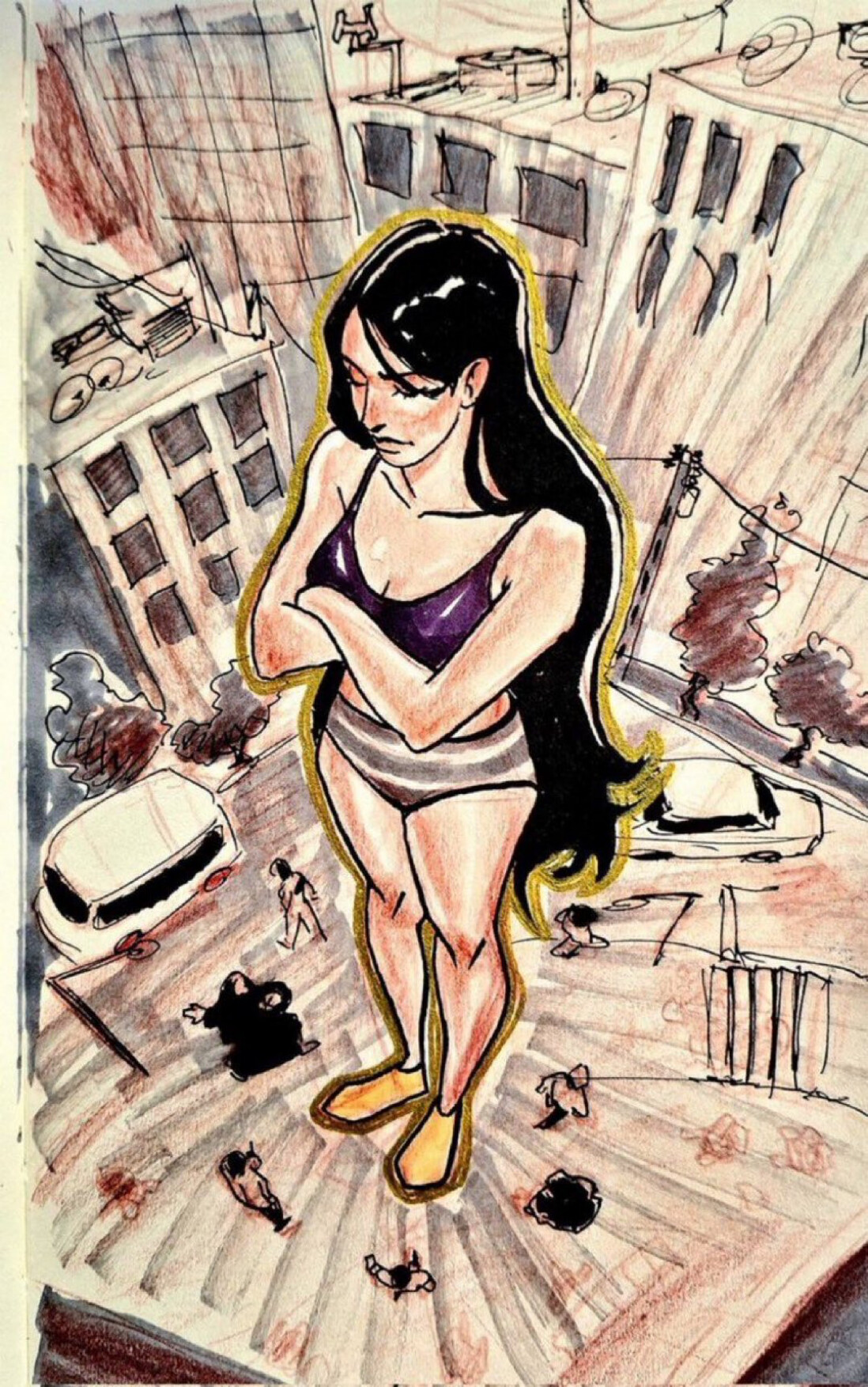 A drawing depicts a giant woman in a bathing suit looking down at a city with tiny people and vehicles below. (Captioned by AI)