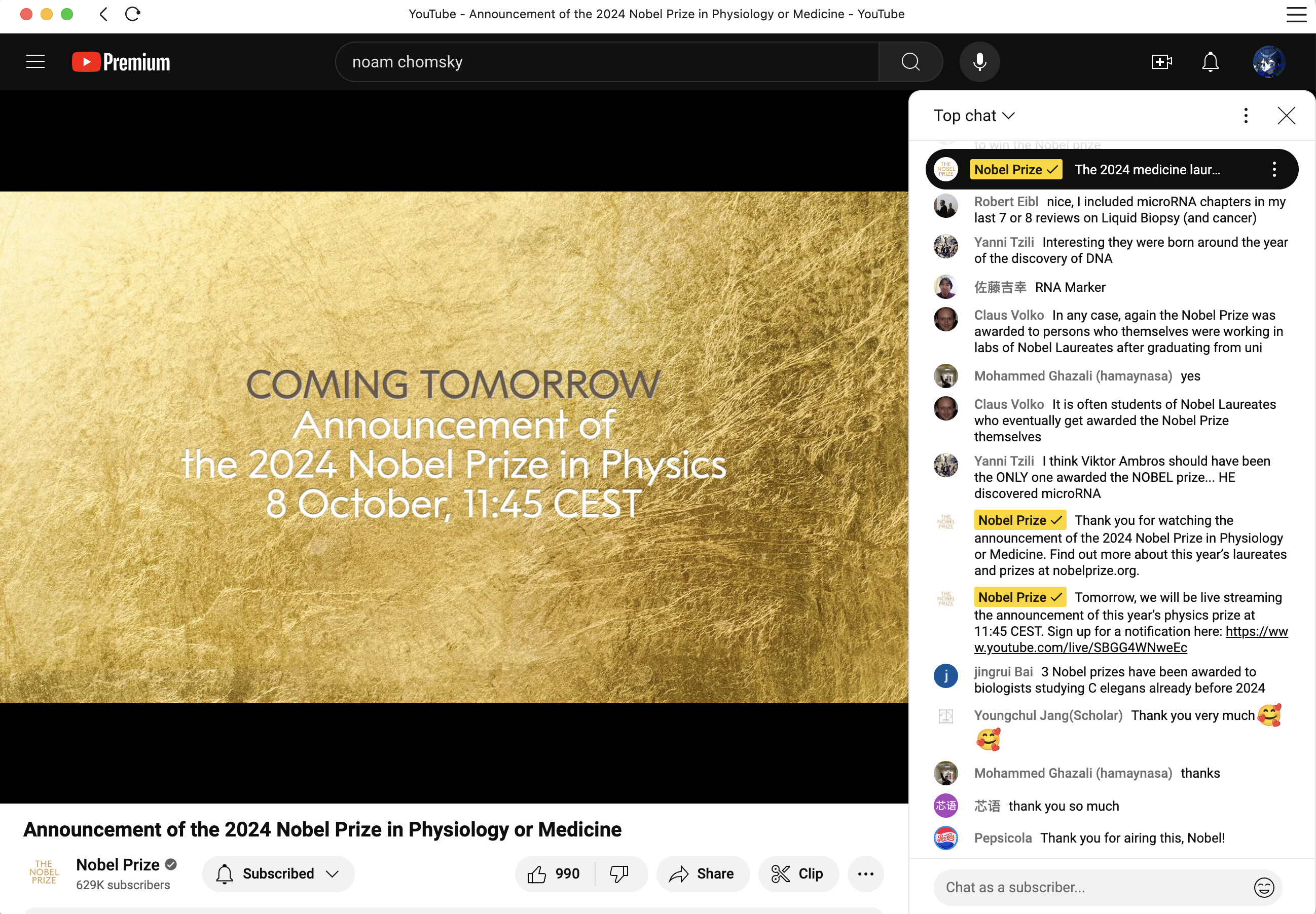 A screenshot of a YouTube livestream announcement for the 2024 Nobel Prize in Physics, scheduled for the following day. (Captioned by AI)