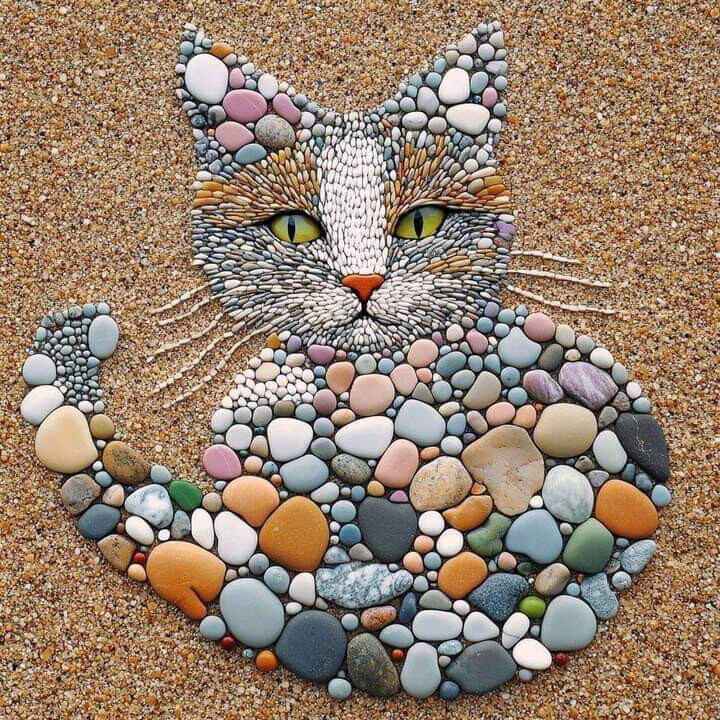 A mosaic of a cat, meticulously crafted from various sizes and colors of pebbles, is displayed on a sandy backdrop. (Captioned by AI)