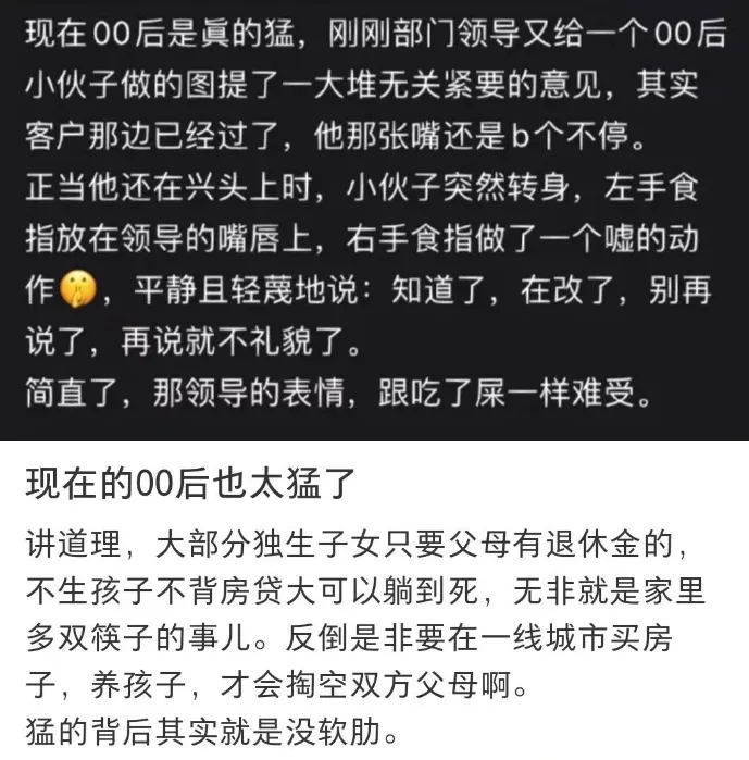 The image is a screenshot of text discussing the behaviors and attitudes of the "post-00s" generation in China, specifically regarding their perspectives on marriage, childbirth, and financial expectations. (Captioned by AI)