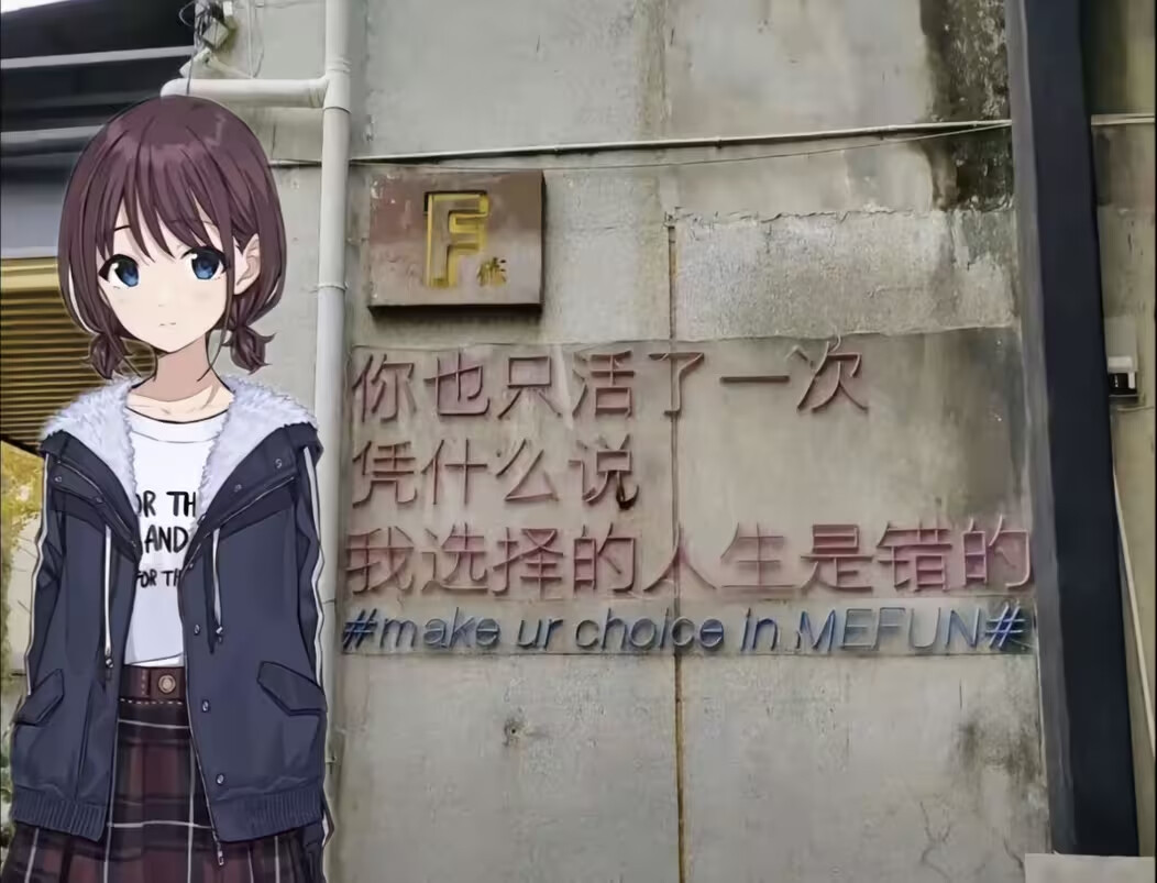 An anime-style drawing of a girl with brown hair in pigtails stands to the left of Chinese characters carved into a gray wall. (Captioned by AI)