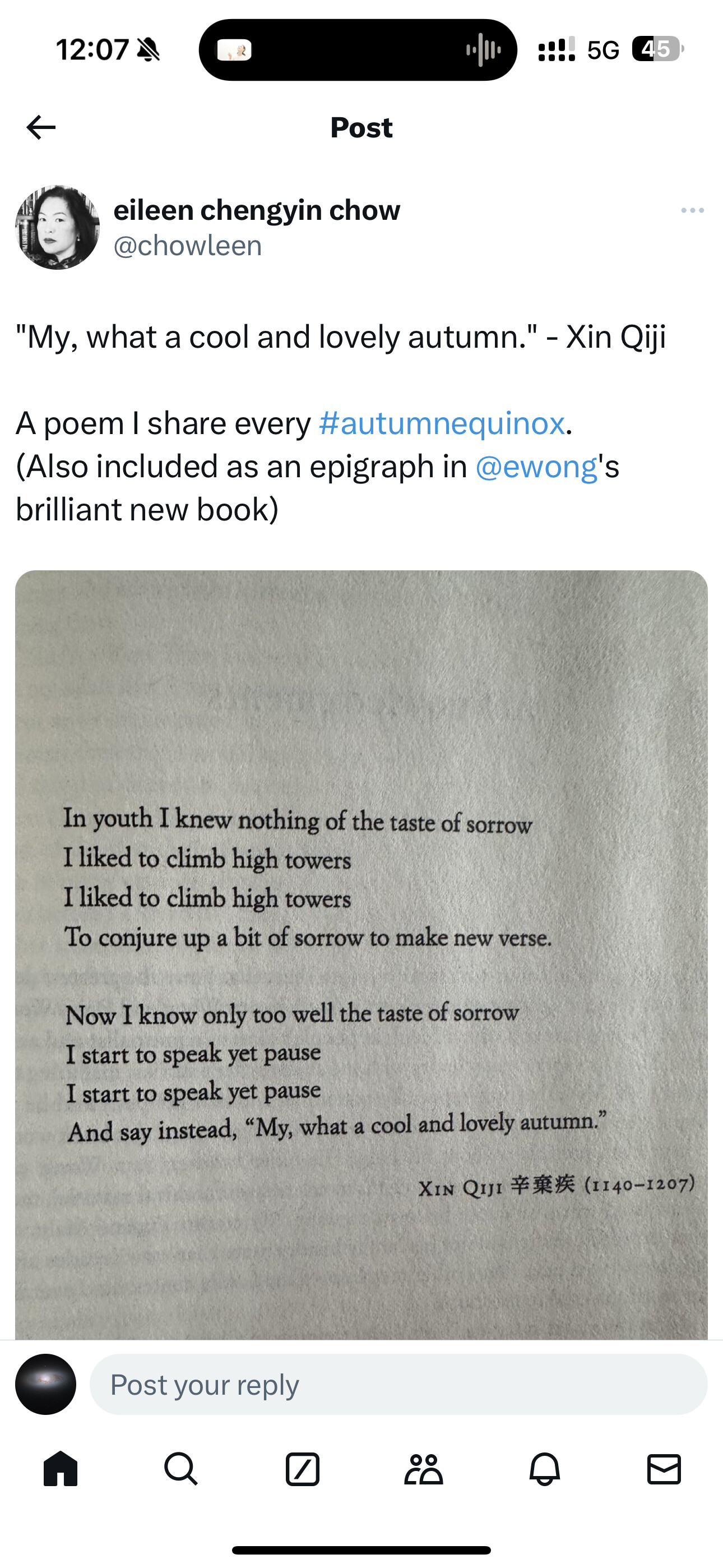 The image shows a social media post featuring a poem about the changing seasons and the acceptance of sorrow with age, attributed to Xin Qiji. (Captioned by AI)