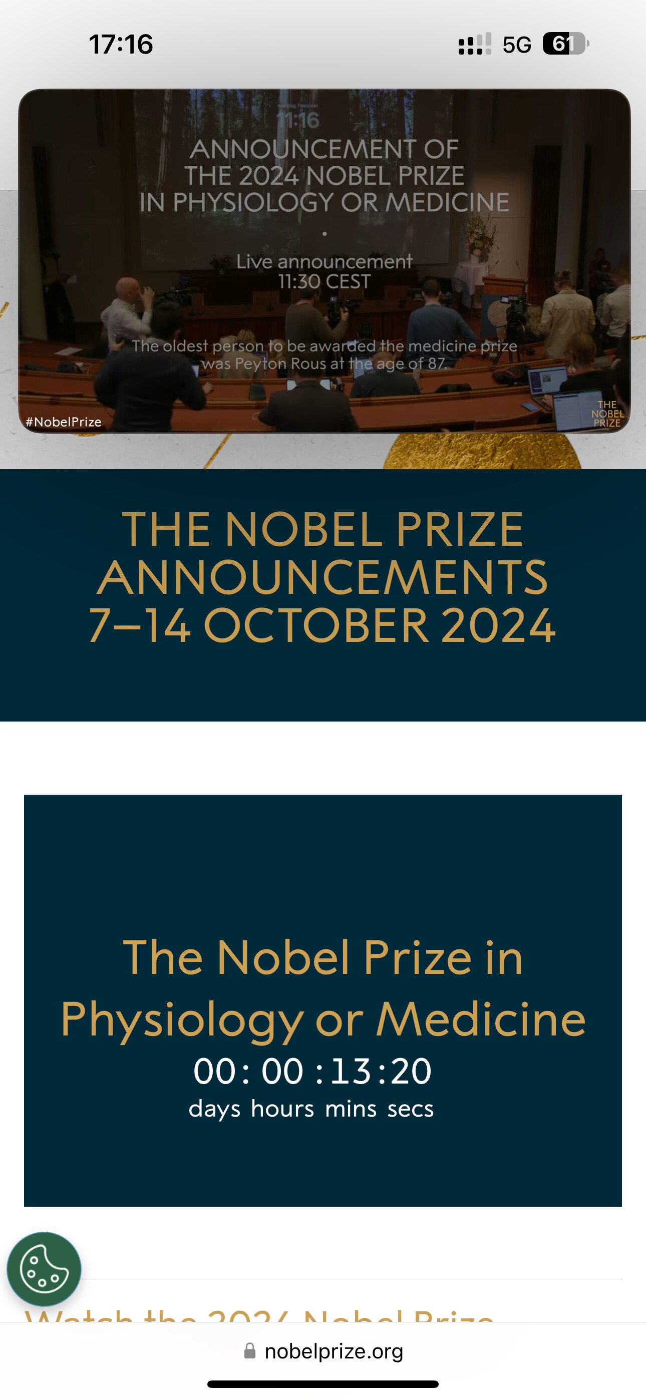 A screenshot of a mobile phone displays information about the 2024 Nobel Prize announcements, specifically for the Physiology or Medicine category, scheduled for October 7-14. (Captioned by AI)