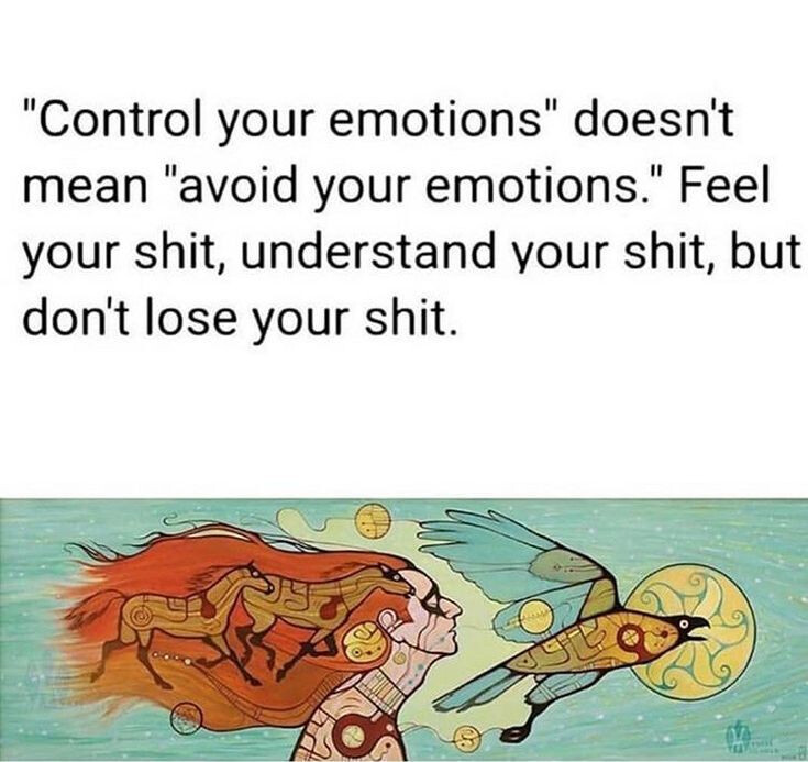 The image is a motivational poster with a quote about controlling emotions and a stylized painting of a person's profile with horses and a raven as part of their flowing hair. (Captioned by AI)