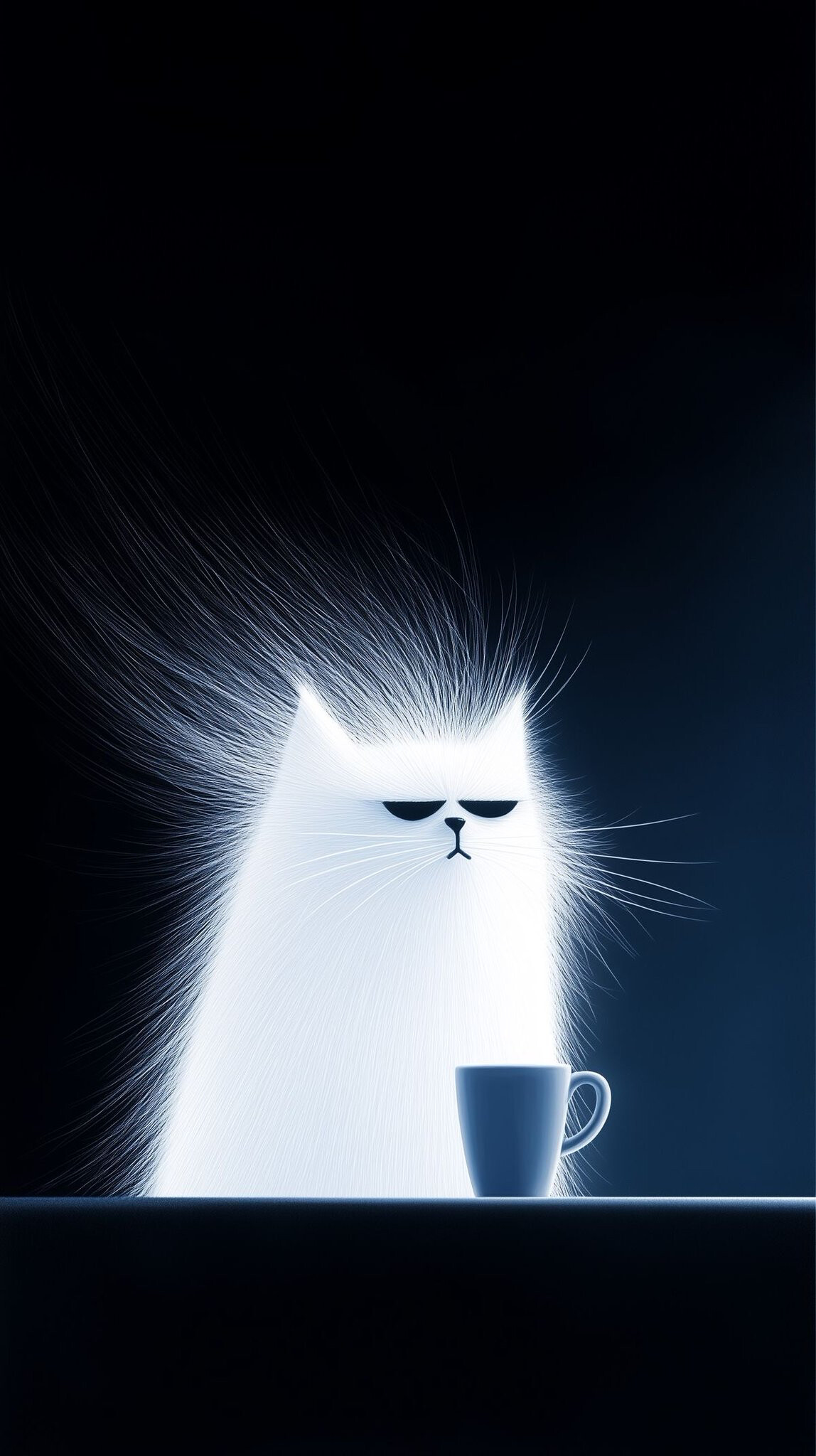 A fluffy, white cat with an angry expression sits behind a blue cup on a dark background. (Captioned by AI)