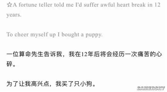 The image shows text in English and Chinese that tells a short anecdote about someone who bought a puppy to cheer themselves up after a fortune teller told them they would suffer heartbreak in 12 years. (Captioned by AI)