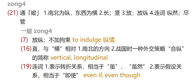 The image shows a chinese word with its translations, definitions, and other associated words in english. (Captioned by AI)