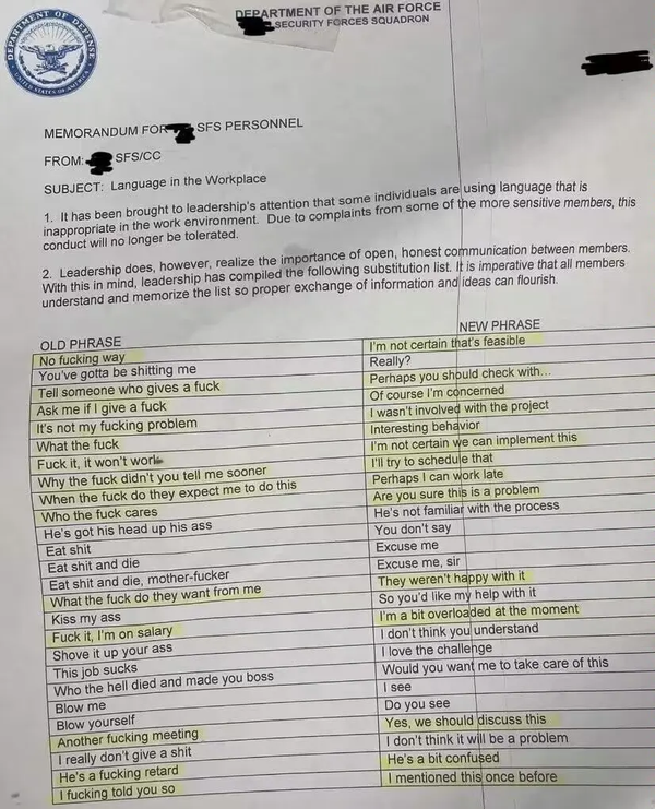 A humorous memo from the Department of the Air Force Security Forces Squadron provides a list of common workplace expletives and their suggested "professional" alternatives. (Captioned by AI)