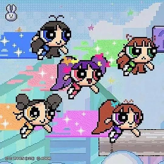 Pixel art depicts the Powerpuff Girls in a colorful, video game-inspired setting. (Captioned by AI)