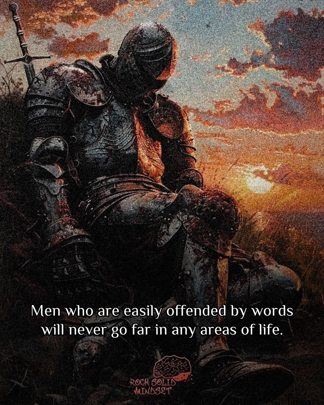 A weary, battle-worn knight sits in contemplation against a sunset, illustrating the message that resilience is crucial for success in life. (Captioned by AI)