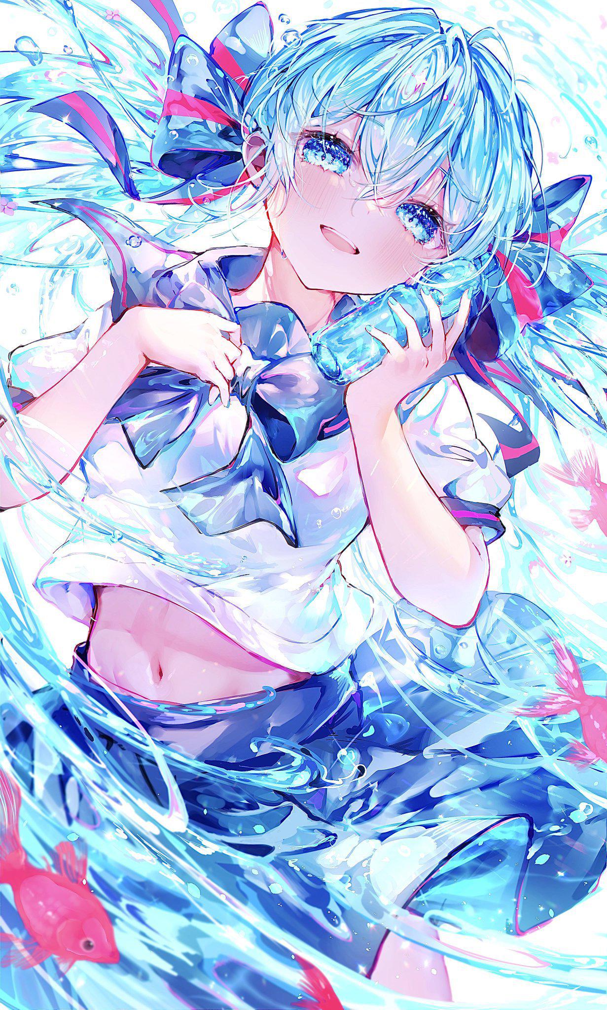 An anime-style girl with blue hair and a sailor uniform is depicted in a watery or magical setting, holding a bottle and smiling serenely. (Captioned by AI)