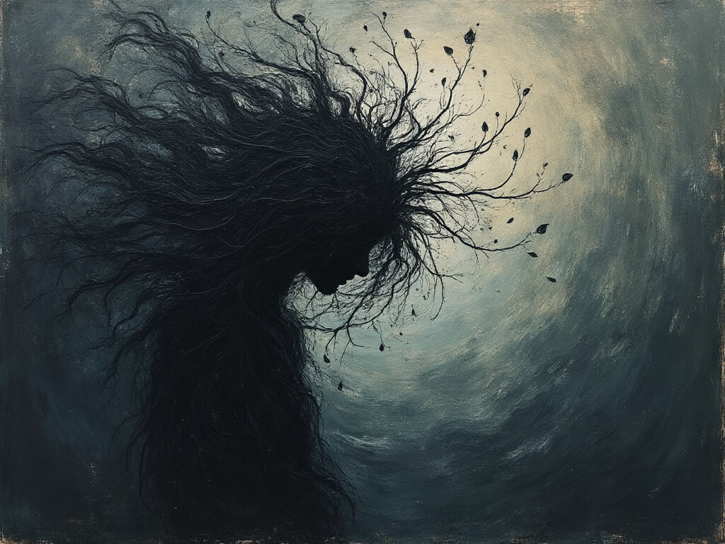 A dark, silhouetted figure with wild, branch-like hair blends into a somber, swirling background, evoking a sense of melancholy and introspection. (Captioned by AI)