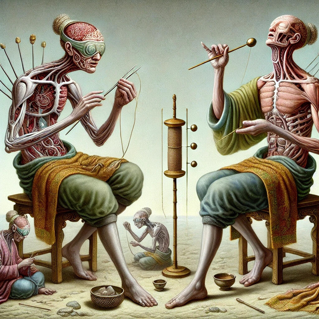 In a surreal and anatomical depiction, two flayed figures engage in needlework while a smaller figure mimics them, all seated on stools in a barren landscape. (Captioned by AI)