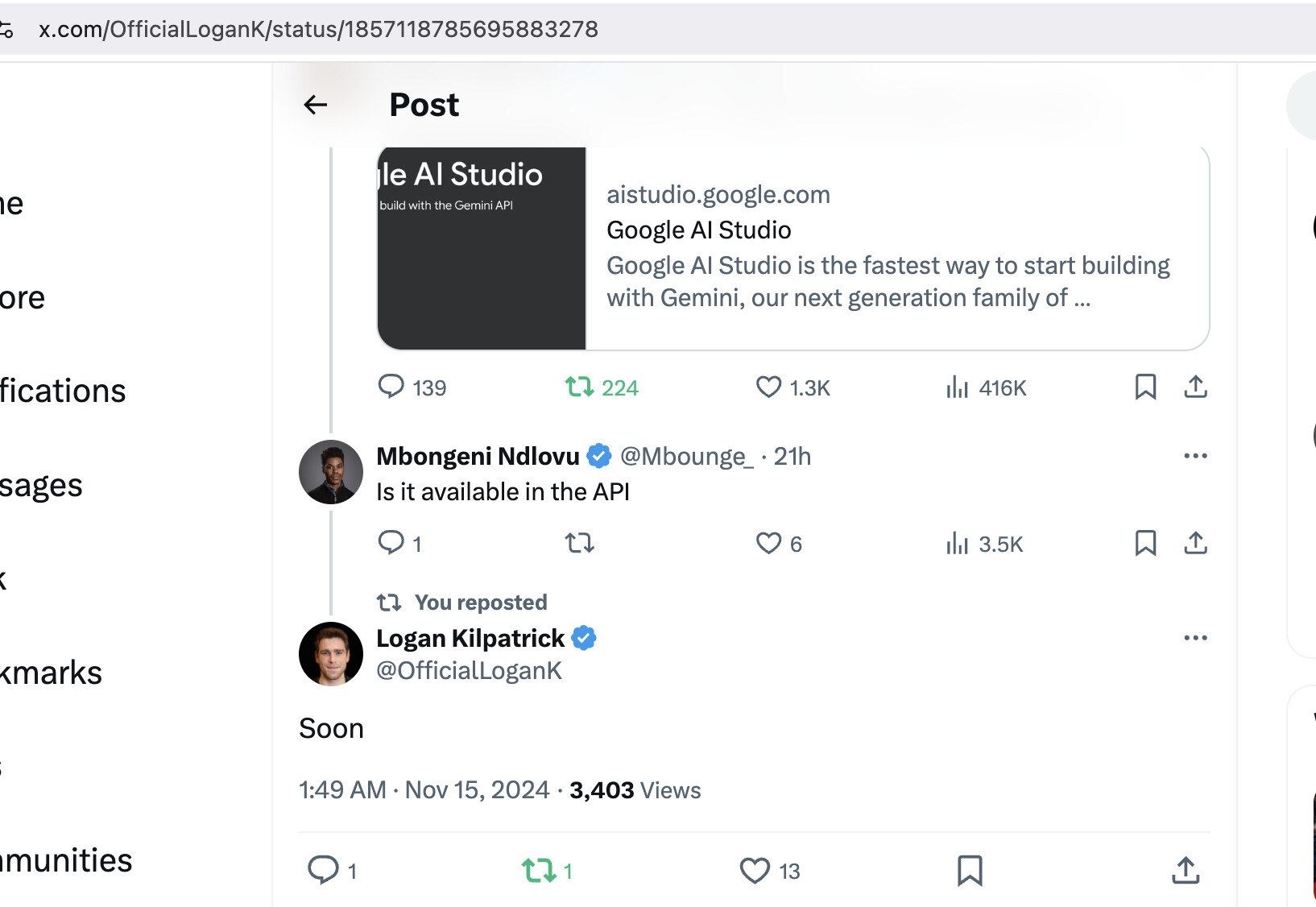 A screenshot shows a social media post about Google AI Studio, featuring comments and engagement metrics. (Captioned by AI)