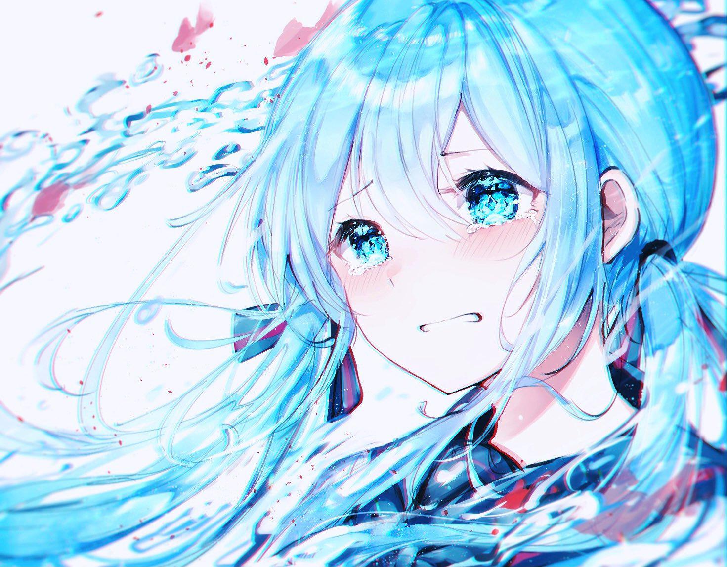 An anime-style illustration features a girl with flowing blue hair and bright blue eyes, her expression conveying sadness as tears stream down her face. (Captioned by AI)