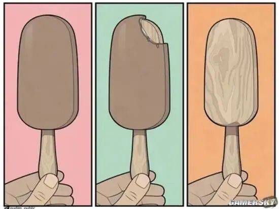 A three-panel image depicts a chocolate popsicle, a popsicle with a bite taken out, and a wooden popsicle stick, suggesting the popsicle was made of wood and painted to look edible. (Captioned by AI)