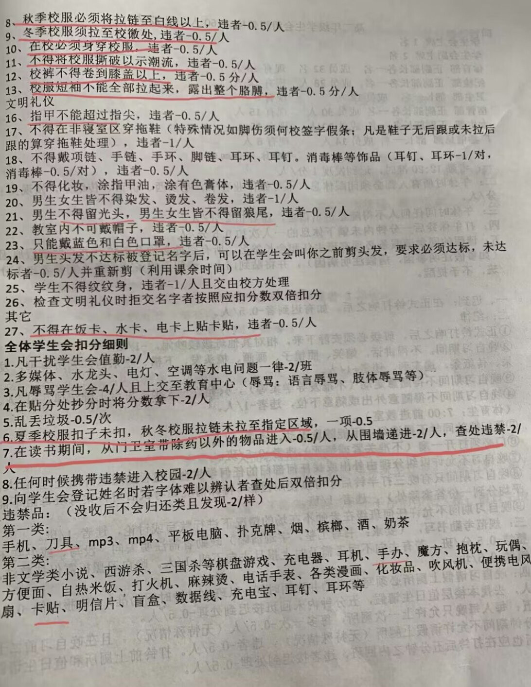 The image shows a document written in Chinese outlining rules and regulations, potentially for a school or dormitory, with specific deductions listed for violating each rule. (Captioned by AI)