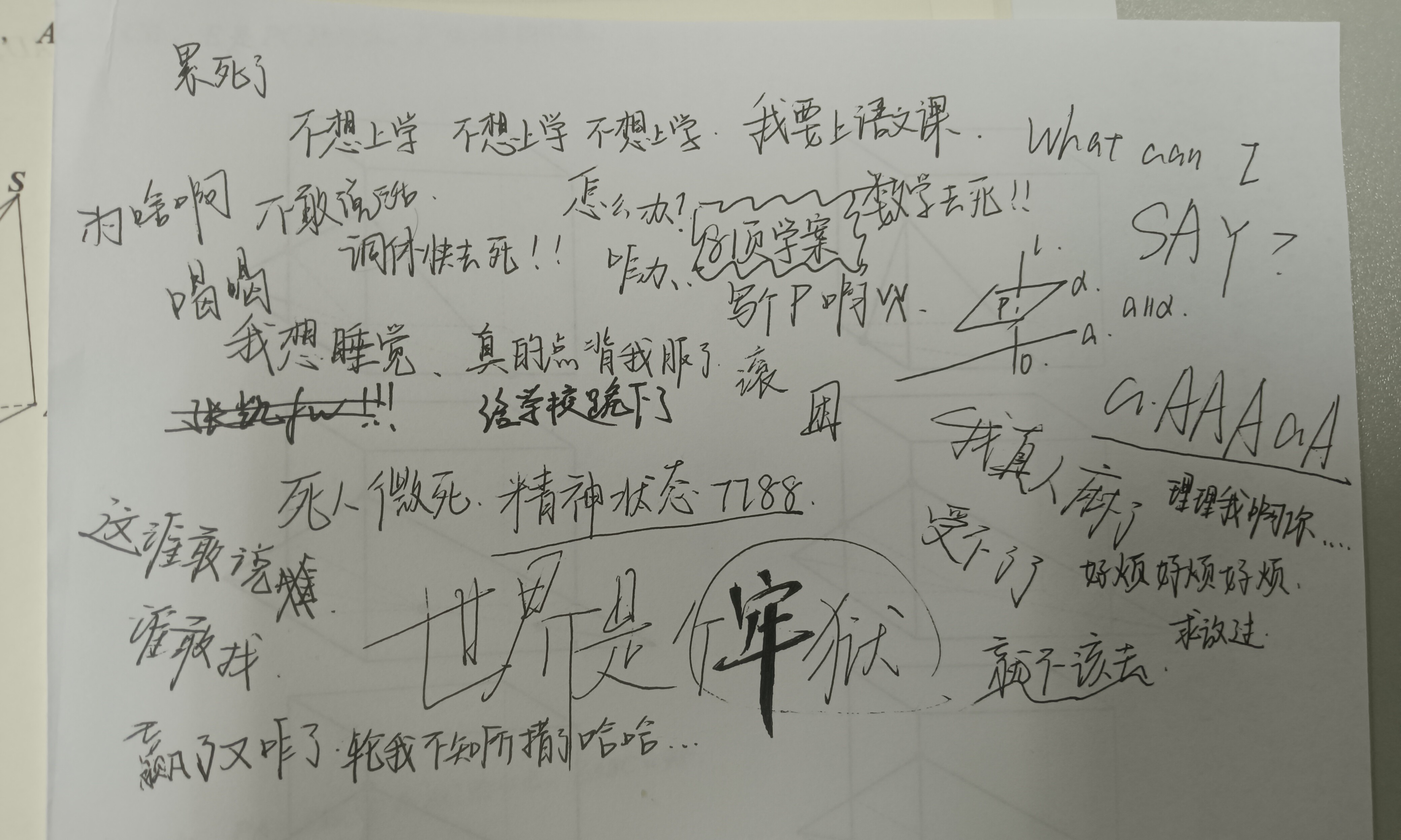 A white sheet of paper is covered in handwritten Chinese characters and phrases, along with a few English words and phrases, scattered across the surface in various sizes and orientations. (Captioned by AI)