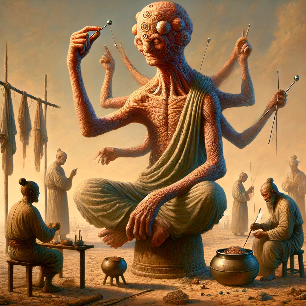 A multi-eyed, multi-limbed deity, resembling a Buddhist statue, sits on a pedestal while humans perform tasks around them in a desolate landscape. (Captioned by AI)