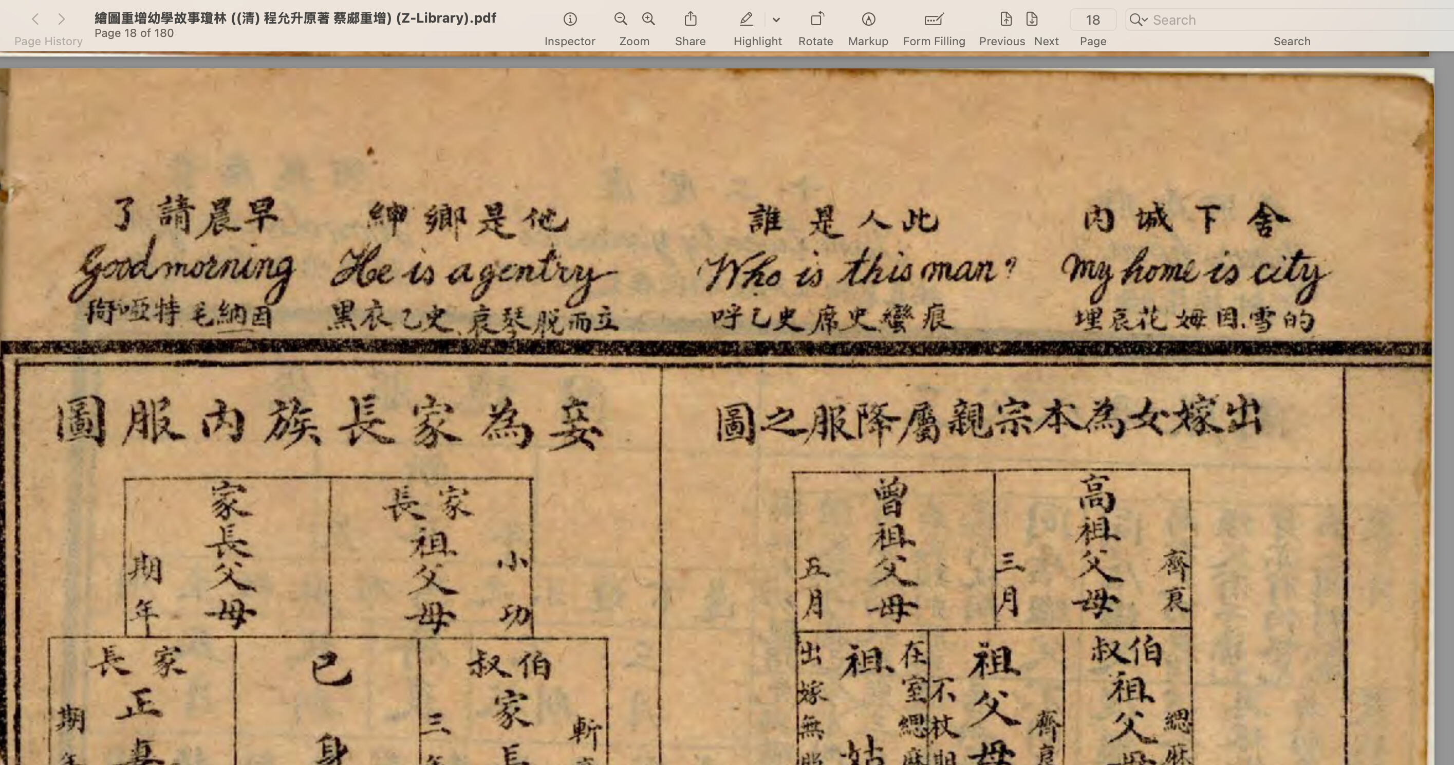 A screenshot shows a page from a digitized historical document written in traditional Chinese with English translations of a few phrases handwritten above. (Captioned by AI)