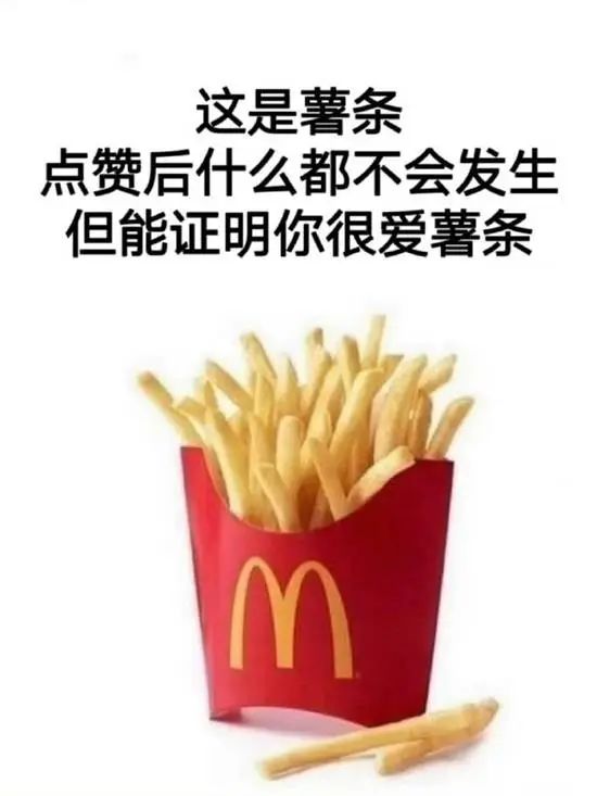 A picture of McDonald's french fries is shown with Chinese text above that roughly translates to "This is french fries, clicking it won't do anything, but it shows that you love french fries". (Captioned by AI)